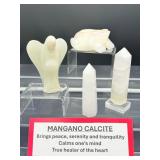 Mangano Calcite Polished Lot of 4: large frog 233 gm./8.2 oz., large angel 133 gm./4.7oz., 2 small towers 152 gm./5.4 oz. UV reactive