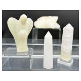 Mangano Calcite Polished Lot of 4: large frog 233 gm./8.2 oz., large angel 133 gm./4.7oz., 2 small towers 152 gm./5.4 oz. UV reactive