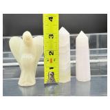 Mangano Calcite Polished Lot of 4: large frog 233 gm./8.2 oz., large angel 133 gm./4.7oz., 2 small towers 152 gm./5.4 oz. UV reactive