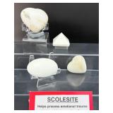 Scolesite 4-piece polished lot: 2 hearts, palmstone and pyramid Total Lot Weight: 216 gm/7.6 oz.