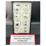 8 Piece Meteorite Tektite Impactable Fragments in Riker Box (Campo del Cielo, Irgizite Tektite, MWA XXX, Sikhoti-Alin, Sericho, Libyan Desert Glass, Jidddat al Harasis, Sayh Al Uhaymir, Meteorite  Fra