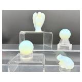 Opalite  (Man-Made) Polished Lot of 4: angel, two small spheres and a frog   Total lot weight: 142gm/5.2oz.