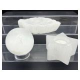 Selenite (Misc. Lot of 3) `Sphere 75mm 504 gm/1 lb.2 oz., Leaf Dish 448 gm./1 lb., Tealight Star Holder 378 gm./13.3 oz.