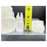 Selenite Misc. Lot of 5: large votive holder 733 gm./1 lb 10 oz., small castle 59 gm./2 oz., small sphere holder 121 gm./4.3 oz., 2 moon shaped bowls 335 gm./12 oz. Total Lot Weight: 1.2 kilo/2 lb. 12