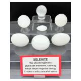 Selenite Polished Lot of 7: 2 spheres 222 gm./7.8 oz., 3 gallets 301 gm./10.6 oz., small palmstone 19 gm./.7 oz. Total Lot Weight: 542 gm./19.1 oz.