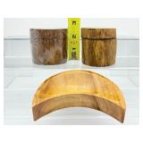 Wood moon bowl and two wood containers with lids