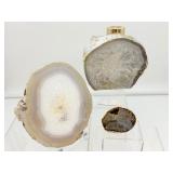 Agate lot of 3: large one side polished geode diffuser with Doterra peppermint and lavender samples 1.7 kilo/3 lb. 1 oz., Agate slice 165 gm/3.1 oz., small agate geode 90 gm/3.2 oz.