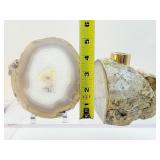 Agate lot of 3: large one side polished geode diffuser with Doterra peppermint and lavender samples 1.7 kilo/3 lb. 1 oz., Agate slice 165 gm/3.1 oz., small agate geode 90 gm/3.2 oz.