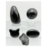 Black Obsidian Misc. Lot of 5: freeform 155 gm./5.5 oz., sphere 40mm 106 gm./ 3.7 oz., Hello Kitty, small palmstone & rough chunk 59 gm./ 2.1 oz. Lot total weight 320 gm./11.3 oz.