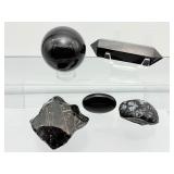 Black Obsidian Misc. Lot of 5: sphere 51mm 200 gm./7 oz., double terminated wand 69 gm./2.4 oz, 2 rough chunks & small palmstone 199 gm./7 oz.