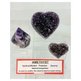 Amethyst Lot of 3: Two hearts 495 gm./1 lb. 1.5 oz.,106 gm./3.7 oz. and a rough chevron point 195 gm./7 oz.