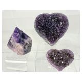 Amethyst Lot of 3: Two hearts 495 gm./1 lb. 1.5 oz.,106 gm./3.7 oz. and a rough chevron point 195 gm./7 oz.