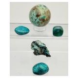 Chrysocolla Mixed Lot of 5: Sphere 51mm 174 gm./6.3 oz., rough chunk 18 gm./ .6 oz., 3 tumbles 53 gm./2 oz. Total Lot Weight: 245 gm./8.9 oz.