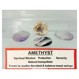 Amethyst Misc. Polished and Rough Lot of 4: two flat palmstones, one chevron palmstone, 1 beautiful little half geode Total Lot Weight: 114gm/4oz.