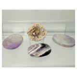 Amethyst Misc. Polished and Rough Lot of 4: two flat palmstones, one chevron palmstone, 1 beautiful little half geode Total Lot Weight: 114gm/4oz.
