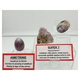 Super 7 (Melody Stone) and Ametrine lot of 3: Super 7 polished fan shaped piece 42 gm./1.5 oz, Super 7 palmstone 59 gm./2.1 oz., and Ametrine egg 59 gm./2.1 oz: