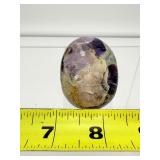 Super 7 (Melody Stone) and Ametrine lot of 3: Super 7 polished fan shaped piece 42 gm./1.5 oz, Super 7 palmstone 59 gm./2.1 oz., and Ametrine egg 59 gm./2.1 oz: