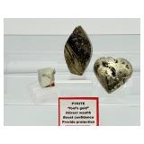 Pyrite Lot of 3: small flame, heart and small cube cluster 291 gm./10.2 oz.