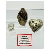 Pyrite Lot of 3: small flame, heart and small cube cluster 291 gm./10.2 oz.
