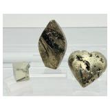 Pyrite Lot of 3: small flame, heart and small cube cluster 291 gm./10.2 oz.