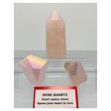 Rose Quartz Polished Lot of 3: Tower 232gm/8.2oz., two aura rose quartz chunks 179gm/6.3oz.  Total Lot Weight: 410gm/14.5oz.