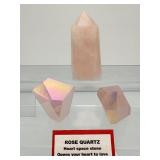 Rose Quartz Polished Lot of 3: Tower 232gm/8.2oz., two aura rose quartz chunks 179gm/6.3oz.  Total Lot Weight: 410gm/14.5oz.