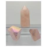 Rose Quartz Polished Lot of 3: Tower 232gm/8.2oz., two aura rose quartz chunks 179gm/6.3oz.  Total Lot Weight: 410gm/14.5oz.