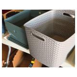 (2) Storage Bins with Lids, and (1) Tote Basket