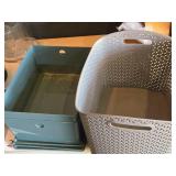 (2) Storage Bins with Lids, and (1) Tote Basket