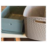 (2) Storage Bins with Lids, and (1) Tote Basket