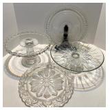 Set of 4 Vintage Glass Serving Plates and Pedestal Cake Stands