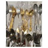 Large Mixed Set of Gold and Silver Tone Flatware Utensils