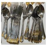 Large Mixed Set of Gold and Silver Tone Flatware Utensils