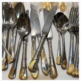 Large Mixed Set of Gold and Silver Tone Flatware Utensils