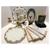 Vintage Brass Decor Collection with Candle Holder, Picture Frame, Dishes, and Napkins