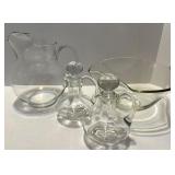 Set of 4 Glass Serveware Pieces Including Pitcher, Bowl, and Cruets