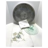 Vintage Hand Wrought Aluminum Tray, Etched Glass Server, and Embroidered Linens Set