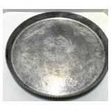 Vintage Hand Wrought Aluminum Tray, Etched Glass Server, and Embroidered Linens Set