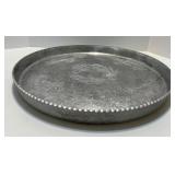 Vintage Hand Wrought Aluminum Tray, Etched Glass Server, and Embroidered Linens Set