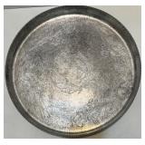 Vintage Hand Wrought Aluminum Tray, Etched Glass Server, and Embroidered Linens Set