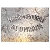 Vintage Hand Wrought Aluminum Tray, Etched Glass Server, and Embroidered Linens Set