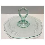 Vintage Hand Wrought Aluminum Tray, Etched Glass Server, and Embroidered Linens Set