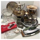 Vintage Mixed Lot of Silverplate Trays, Glassware, and Serving Pieces