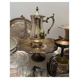 Vintage Mixed Lot of Silverplate Trays, Glassware, and Serving Pieces