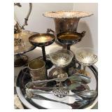 Vintage Mixed Lot of Silverplate Trays, Glassware, and Serving Pieces