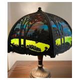 Antique Slag Glass Panel Table Lamp with Scenic Metal Overlay