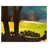 Antique Slag Glass Panel Table Lamp with Scenic Metal Overlay