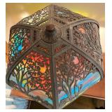 Antique Slag Glass Panel Table Lamp with Scenic Metal Overlay