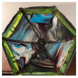 Antique Slag Glass Panel Table Lamp with Scenic Metal Overlay