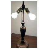 Antique Slag Glass Panel Table Lamp with Scenic Metal Overlay